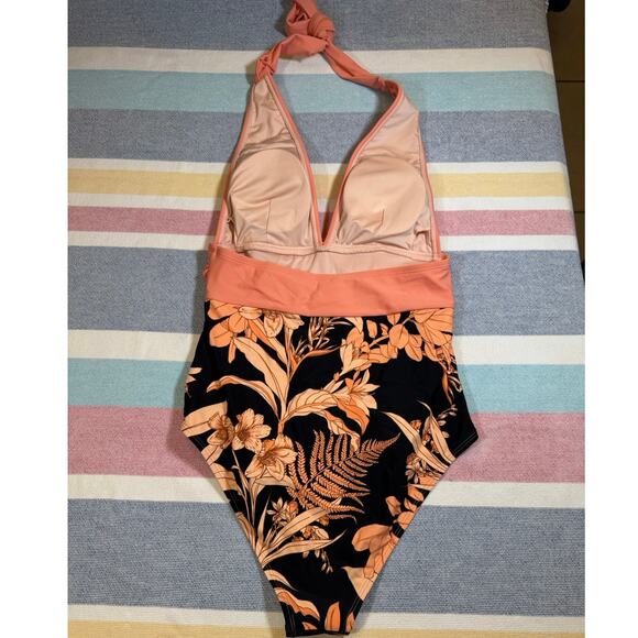 NWOT Tropical Coral + Black Floral One-Piece Swimsuit (Size S) - Picture 5 of 7